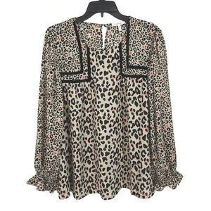 NEW Maurices Mix Media Leopard Print Long Sleeve Blouse Velvet Trim Plus Size 0X